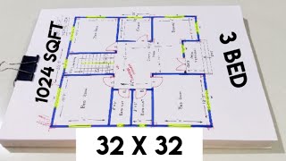 32 by 32 simple building plan drawing II 3 bhk house plan II 32 x 32 ghar ka design kaise banaye screenshot 5