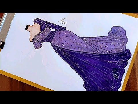 تعليم رسم فستان سهرة باللون البنفسجي سهل جدا بالخطوات رسم فساتين سهرة