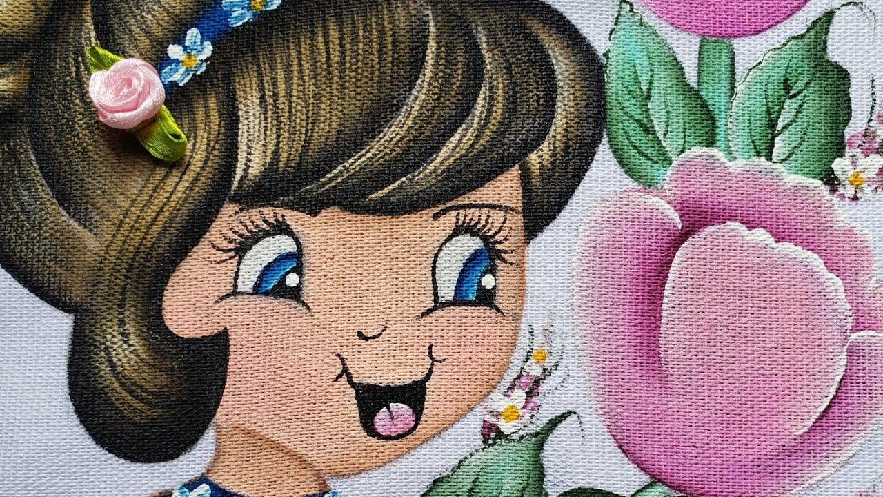 Pintando boneca com tulipas em pano de prato.