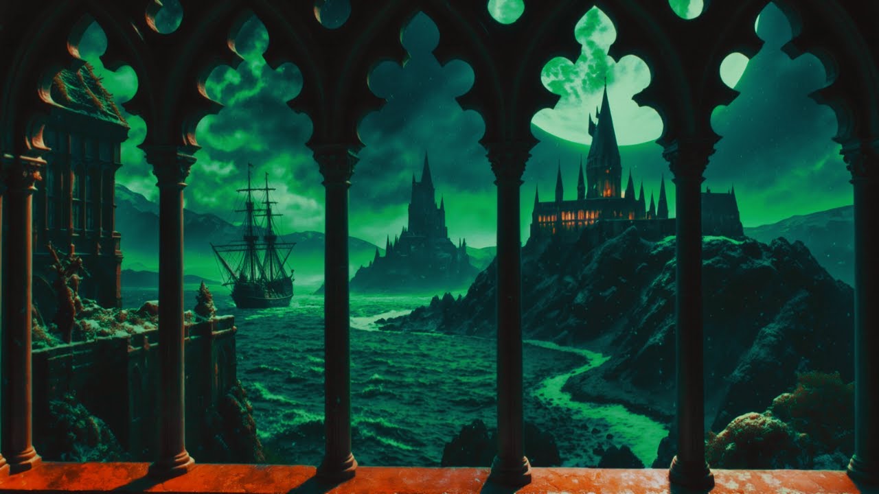 Emerald Gothic Window View — Dark Fantasy Castle & Ghost Ship Ambience