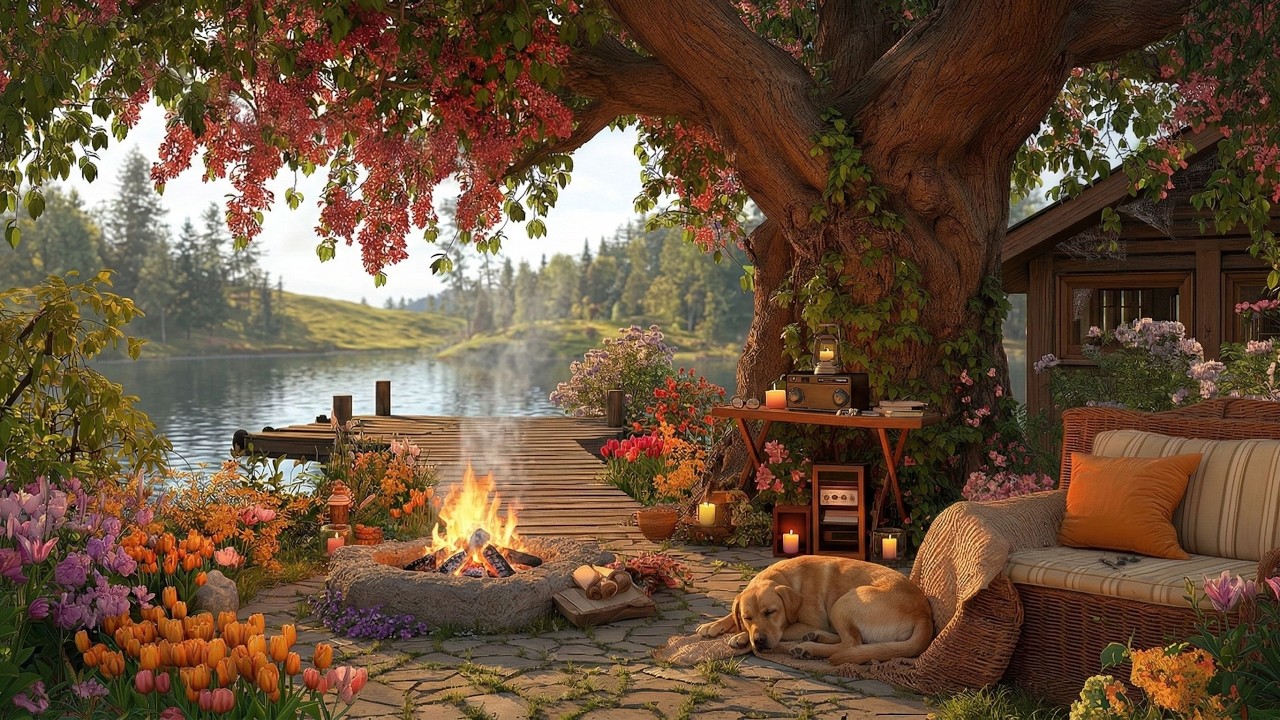 Enchanted Spring Lakeside Garden 🌸 Soft Piano Music & Nature Sounds for Relaxation