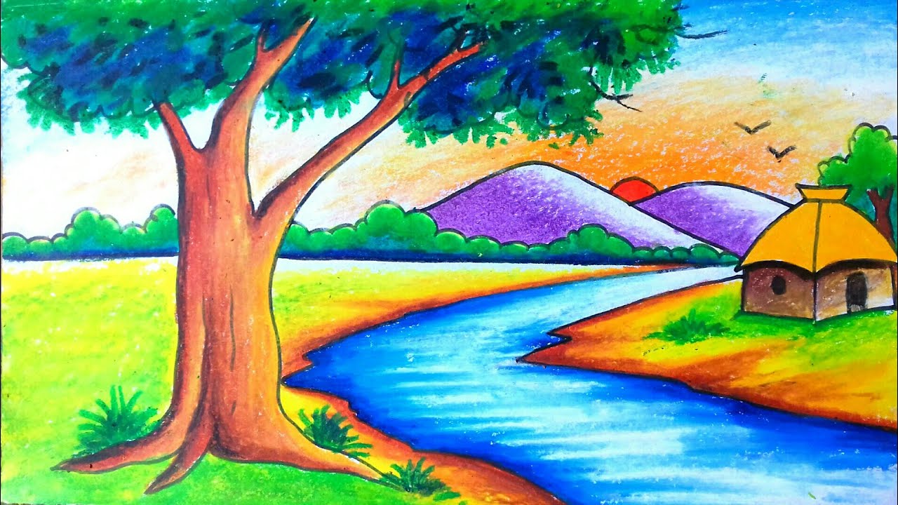 Landscape drawing easy||oil pastel painting - YouTube