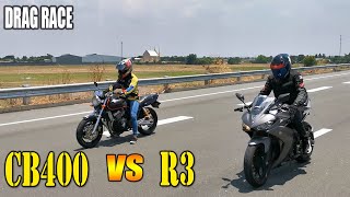 Yamaha R3 vs Honda CB400 Super Four | Drag race