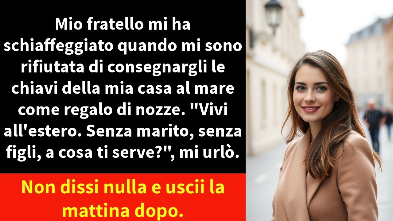Mio fratello minore mi ha aspettato al centro del ricevimento di benvenuto, davanti a 180 ospiti, e mi ha teso una scatola di velluto vuota. Sullo schermo gigante scorreva un video della mia casa...