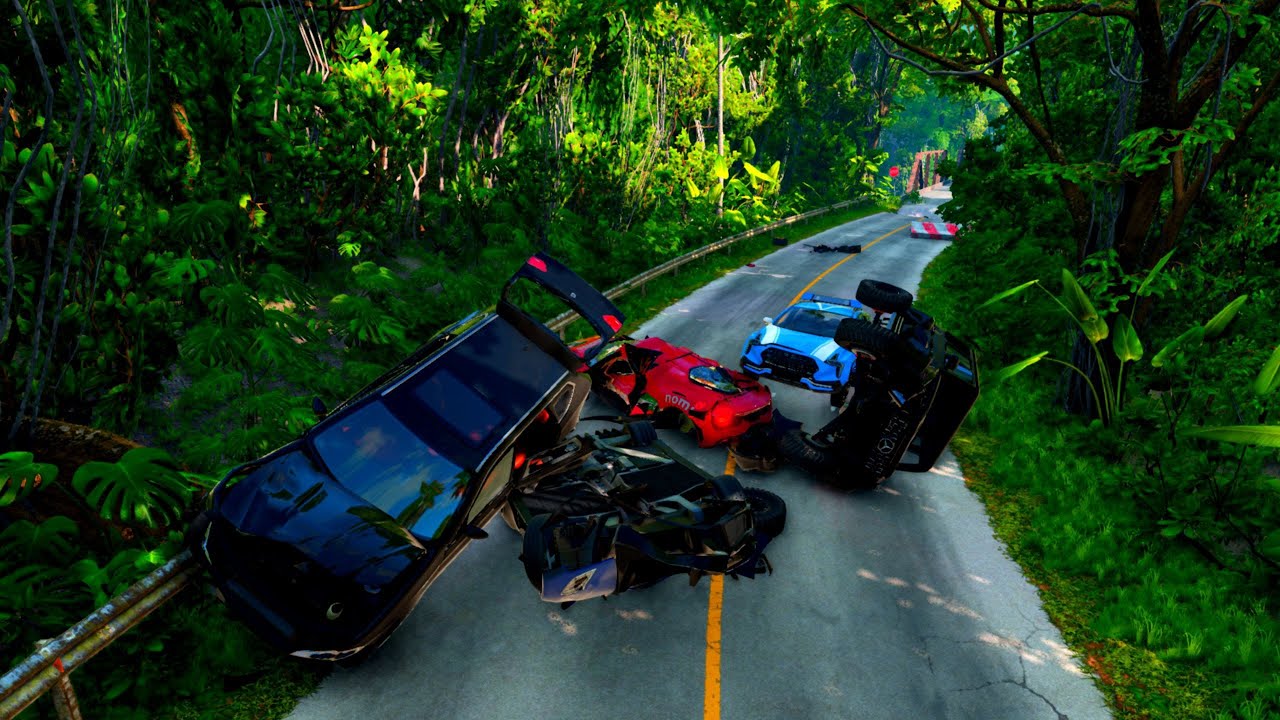 Double Flatbed Trailer Truck vs Speedbumps Train vs Cars | Tractor vs Train Beamng.Drive 