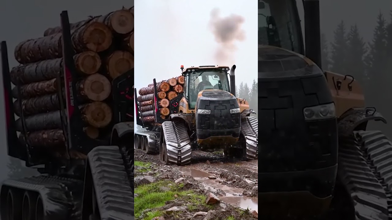 Tractor transporting cut wood across soft ground