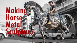 Horse metal sculpture. upcycle scrap metal artwork (4K)