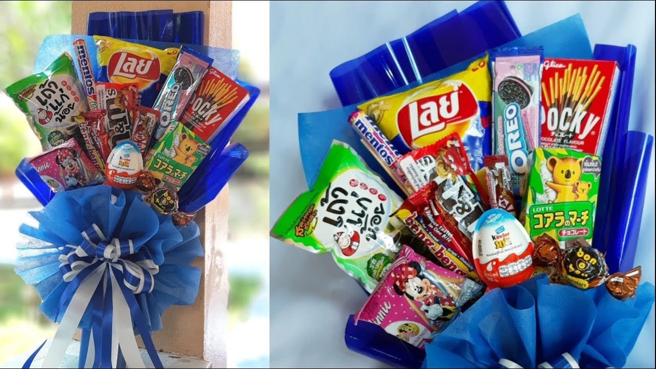 จัดช่อขนม ช่อลูกอม ช่อช็อคโกแลต ของขวัญวันปัจฉิม วิธีแปลงโฉมขนมหวาน How to make Snack bouquet.