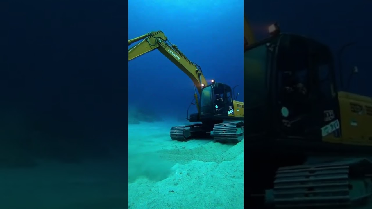 Экскаватор работает в воде, роет ямы для прокладки водопроводных труб и кабелей. 