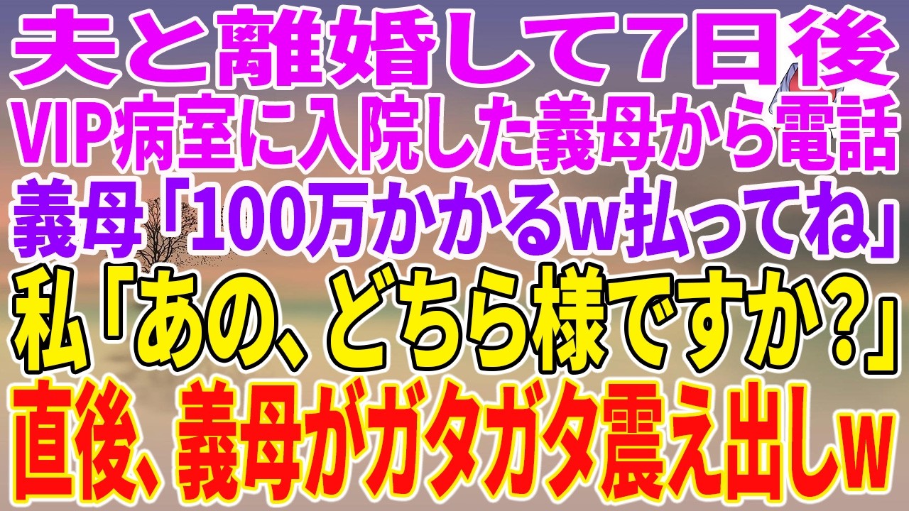 【スカッとする話】夫と離婚して7日後、VIP病室に入院した義母から電話。義母「100万かかるw払ってね」私「あの、どちら様ですか?」直後、義母がガタガタ震え出しw【朗読】【スカッと】