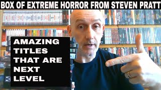 Box of EXTREME Horror from Steven Pratt.
Here is a box FULL of some amazing Horror titles that dont get mentioned that often!!!
Cant thank Steven enough for sending me these gifts but once again the films in here are next level extreme Horror titles!!!!! Box of EXTREME Horror from Steven Pratt.