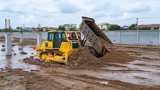 Extreme Mud Challenge! Bulldozer Pushing Fresh Soil From Dump Truck in Deep Water