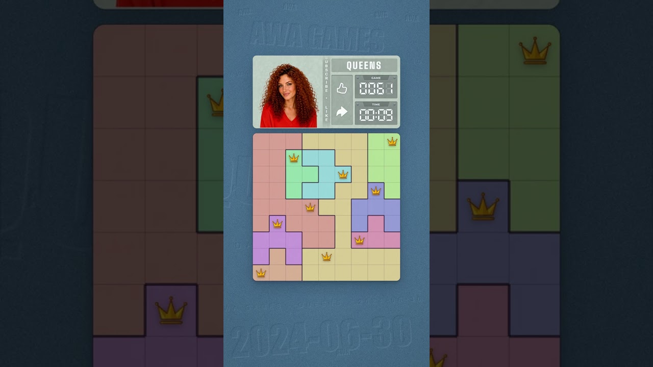 LinkedIn Queens #61 solved board for June 30, 2024, 9x9 grid