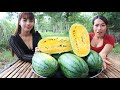 Tasty yellow watermelon eating with my sister - Fresh yellow watermelon