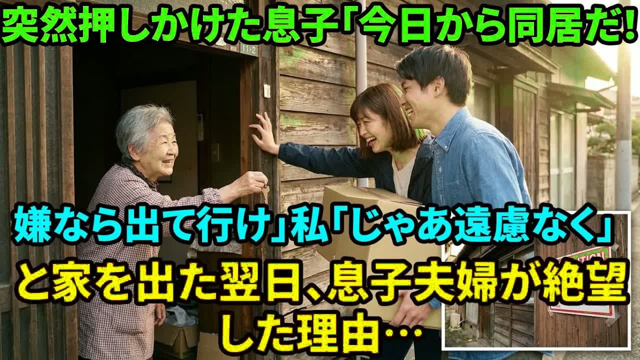【スカッと】「この家は俺達がもらう！母さんは出て行け」と息子。私が「どうぞ」と鍵を渡して去った後、そこが『来週取り壊される家』だと知った２人が…【シニアライフ】【60代以上の方へ】