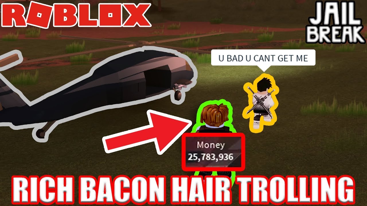 Rich Bacon Hair Trolling In Jailbreak Part 2 Roblox Jailbreak - 25 bacon hairs crash the entire server roblox jailbreak youtube