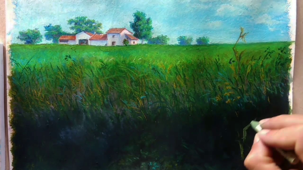 Pintando paisagem giz pastel oleoso/Landscape painting oily pastel chalk/pintura de tiza aceitosa.