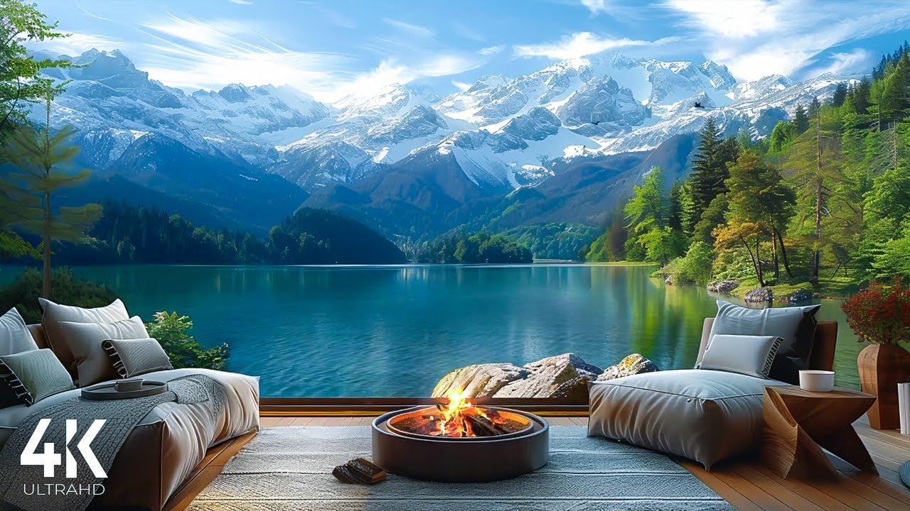 Spring Ambience   Sunny Day Space by the Lake with Nature Sounds  Relaxing Campfire