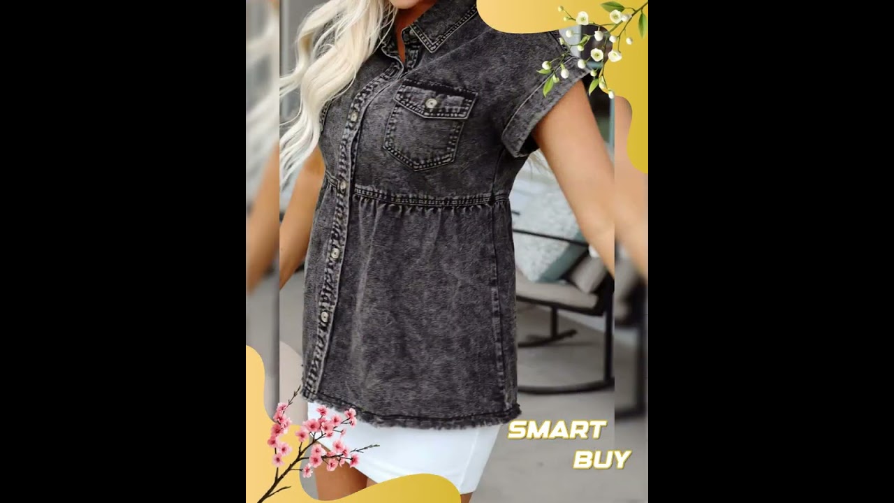 Short Sleeve Flap Pocket Button Up Raw Hem Denim Shirt