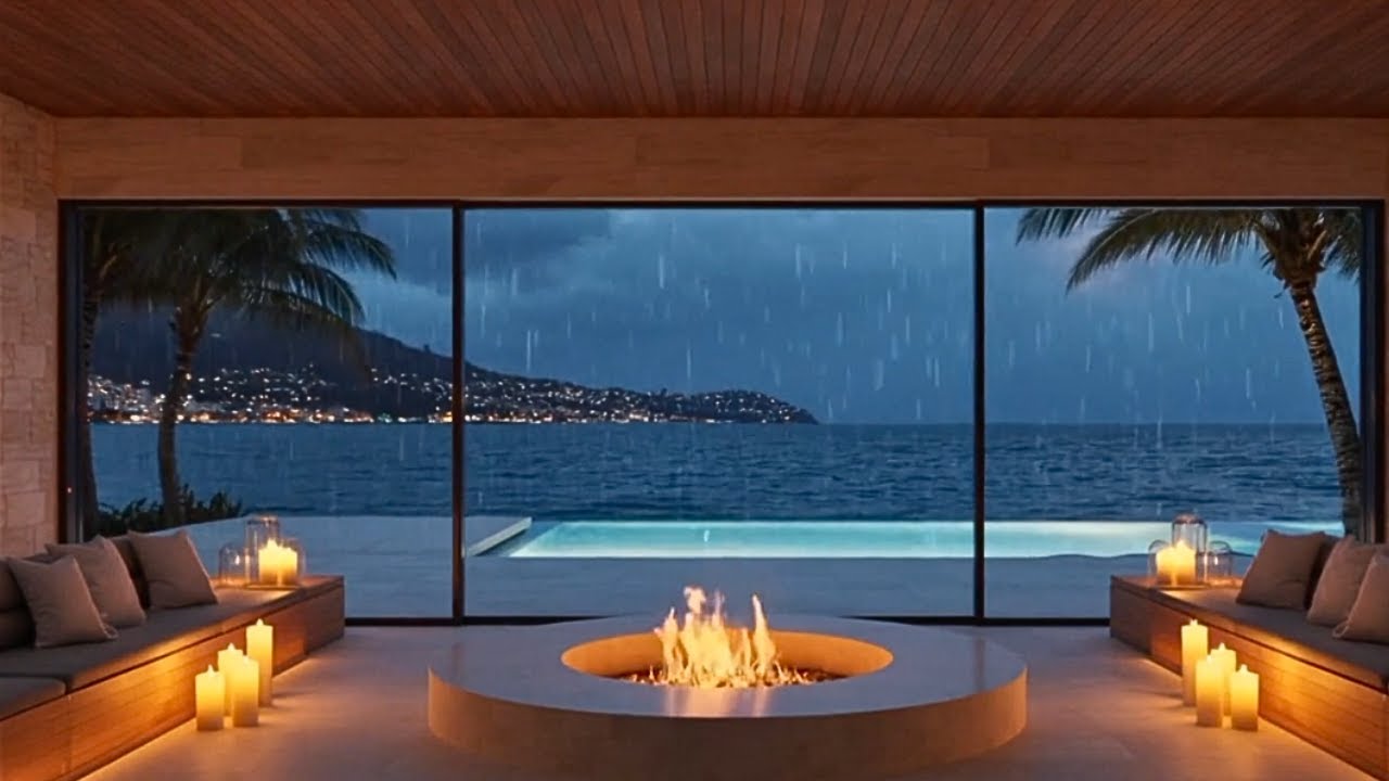 Gentle Coastal Rain & Fire Pit at an Oceanfront Villa at Night | Sleep Ambience