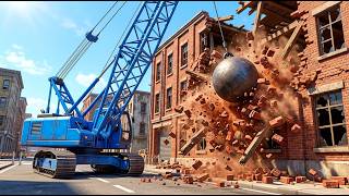 Blue Wrecking Ball Crane Obliterates Brick Warehouse | 3D Demolition Mission