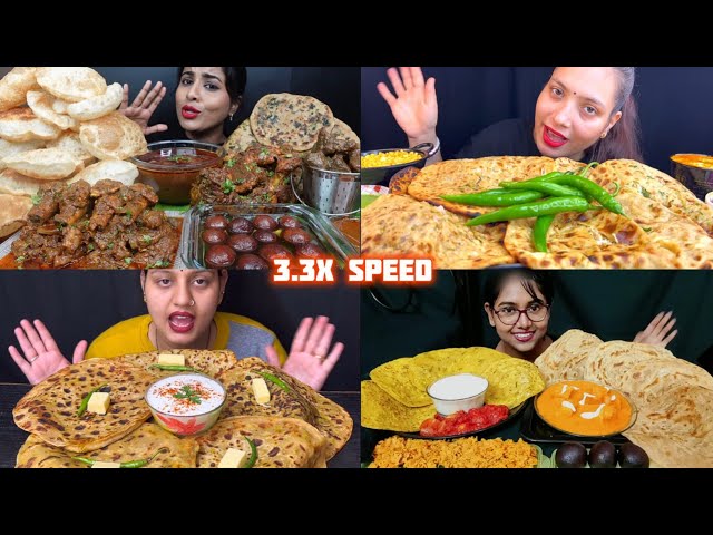 ASMR: Eating ALOO PYAJ PARATHA EATING CHALLENGE😜😋PANEER MUTTON LIVER CHICKEN CURRY CABBAGE MUKBANG