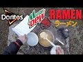 Cooking doritos  mountain dew ramen in the woods   