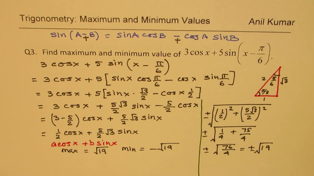 Maximum Minimum For Trigonometric Functions 3 Cos X 5 Sin X Pi 6 Ssc Cgs Test Youtube