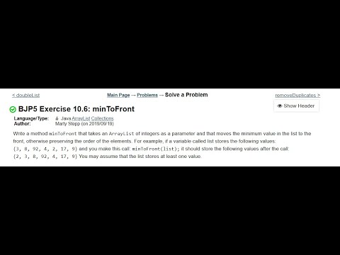 Exercise 10.6 (minToFront) Java Tutorial || Practice-It