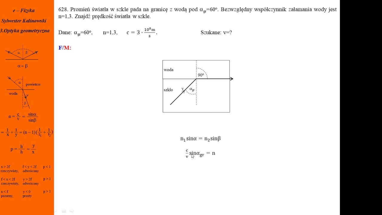 628. Fizykamax, optyka geometryczna, bezwzględny współczynnik załamania