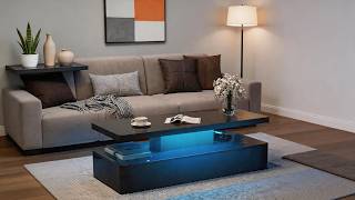 Modern High Gloss Coffee Table with LED Lights | 2-Tier Storage Center Table Living Room Setup