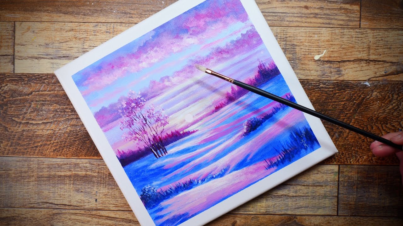 Pink Sunset Easy Acrylic Landscape Painting Step by step For pink-sunset-easy-acrylic-landscape-painting-step-by-step-for