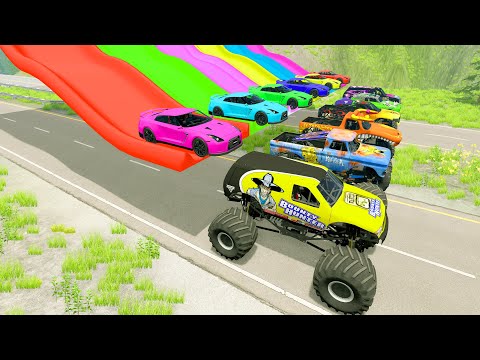 Monster Truck & Cars vs Giant Speed Bumps With Side Colors High Speed Potholes vs Deep Water Fail