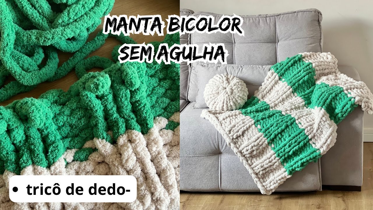 Manta de tricô Bicolor- tricô de dedo em ponto barra 2x2