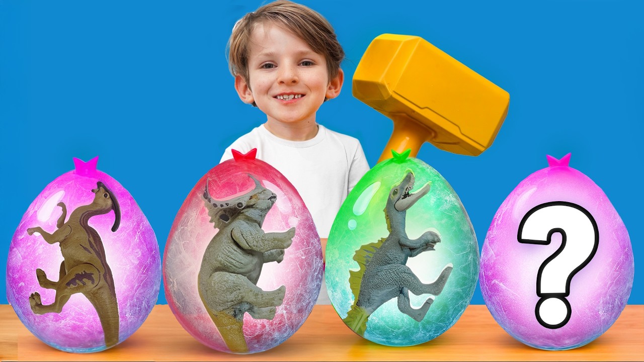 Динозавры сбежали из замороженных яиц! Ищем динозавров и учимся вместе