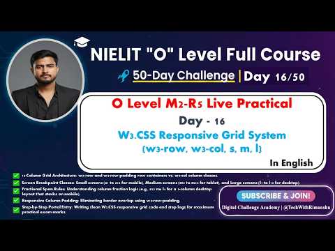O Level M2-R5 Live Practical | Day 16: W3.CSS Responsive Grid System (w3-row, w3-col, s, m, l)