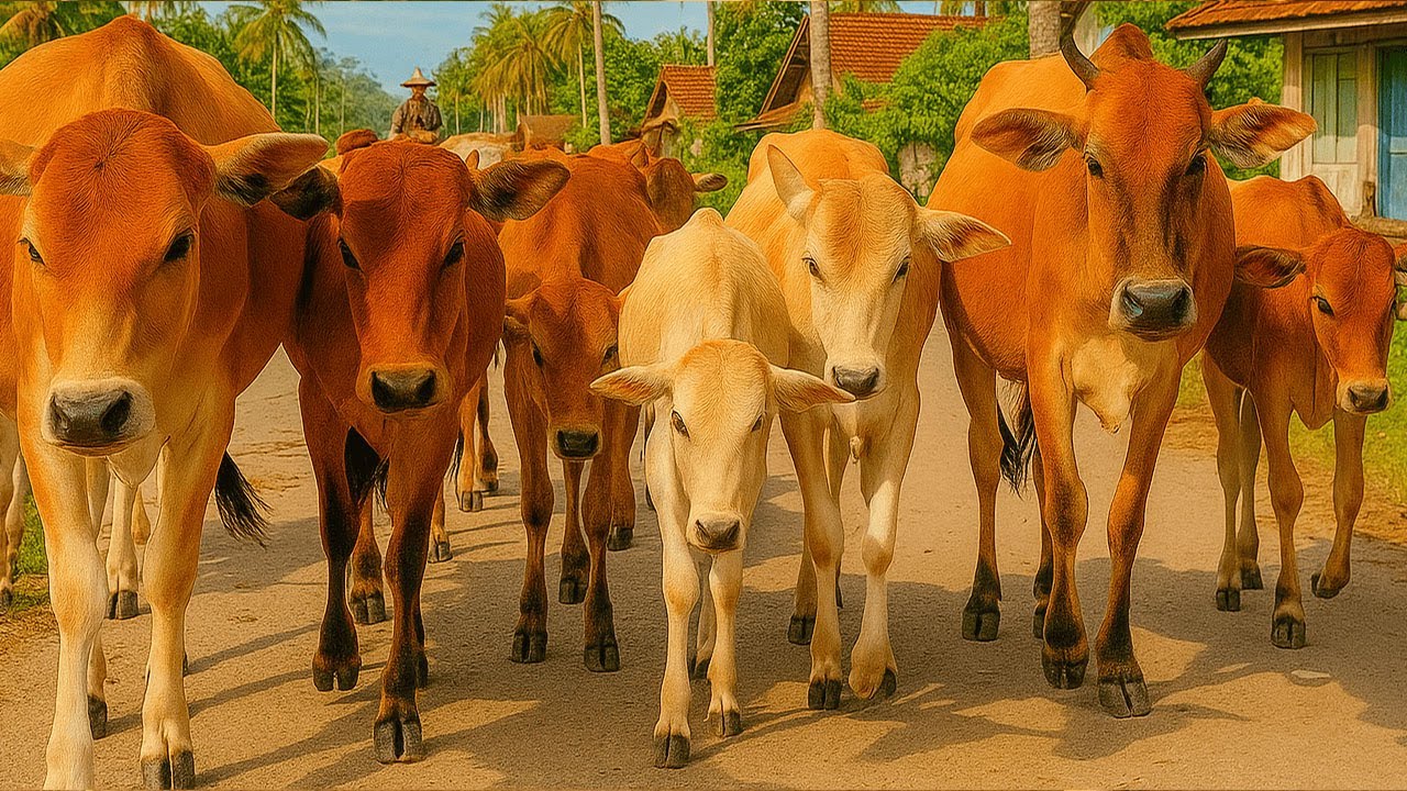 Kerumunan sapi lembu Ternak Beramai-ramai Berjalan Menuju ladang hijau ...