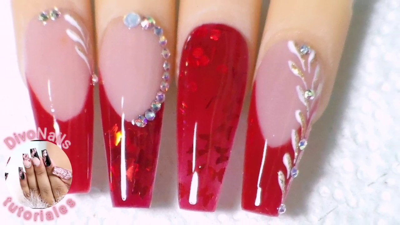 Uñas acrilicas en tonos rojos super brillositas#con mariposas encapsuladas  - YouTube