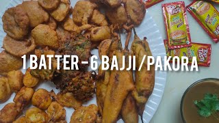 one batter 6 bajji or pakoda recipe/6 पकौड़ा रेसिपी /quick bajji recipe nd snack/6type pakoda recipe