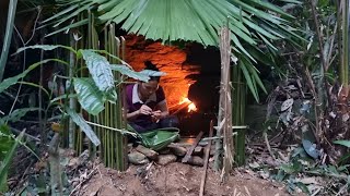 alone in the tropical forest as a shelter, searching for exciting wild food