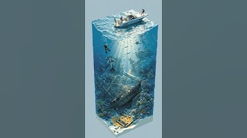 Isometric 3D rendering of a tall vertical cube of a crystal clear blue ocean
