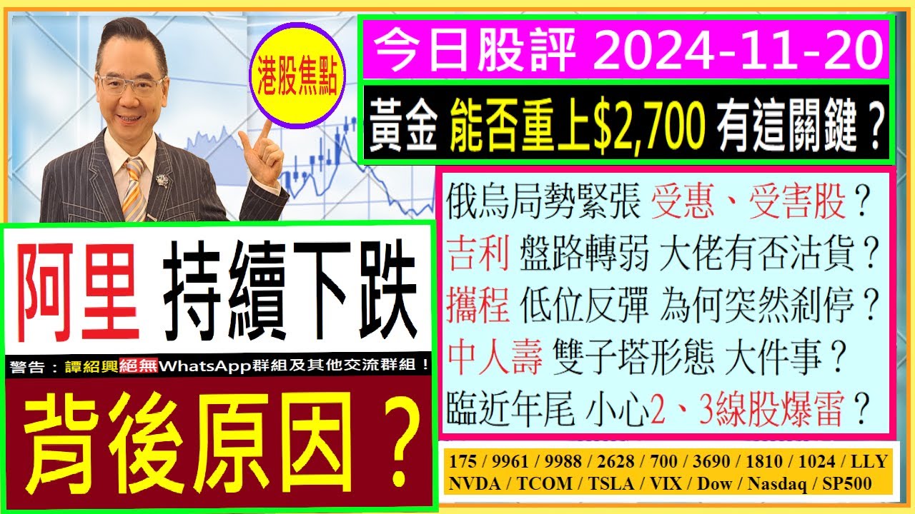 阿里 持續下跌 背後原因？🤔/俄烏局勢繄張 受惠、受害股？👈/黃金 能否重上$2,700？🙄/吉利 大佬有否沽貨？😬/攜程 反彈  為何突然刹停？😅/中人壽 雙子塔形態 大件事？😖/2024-11-20