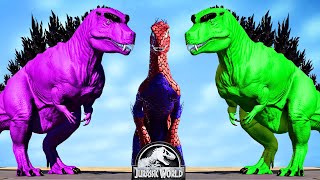 Pink Godzilla vs Spider-Man Indoraptor, Green Alien T-Rex Dinosaurs Fight - Jurassic World Evolution