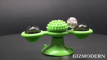 Interactive Rotate Windmill Cat Teasing Toy, with Suction Cup, Catnips, Bells & Massage Hair Brush