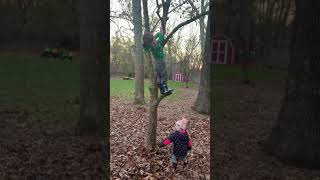 Little boy in rain boots falls off of tree