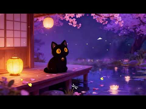 Sakura Pond At Night Chill Lofi Beats Purple Anime Scenery 