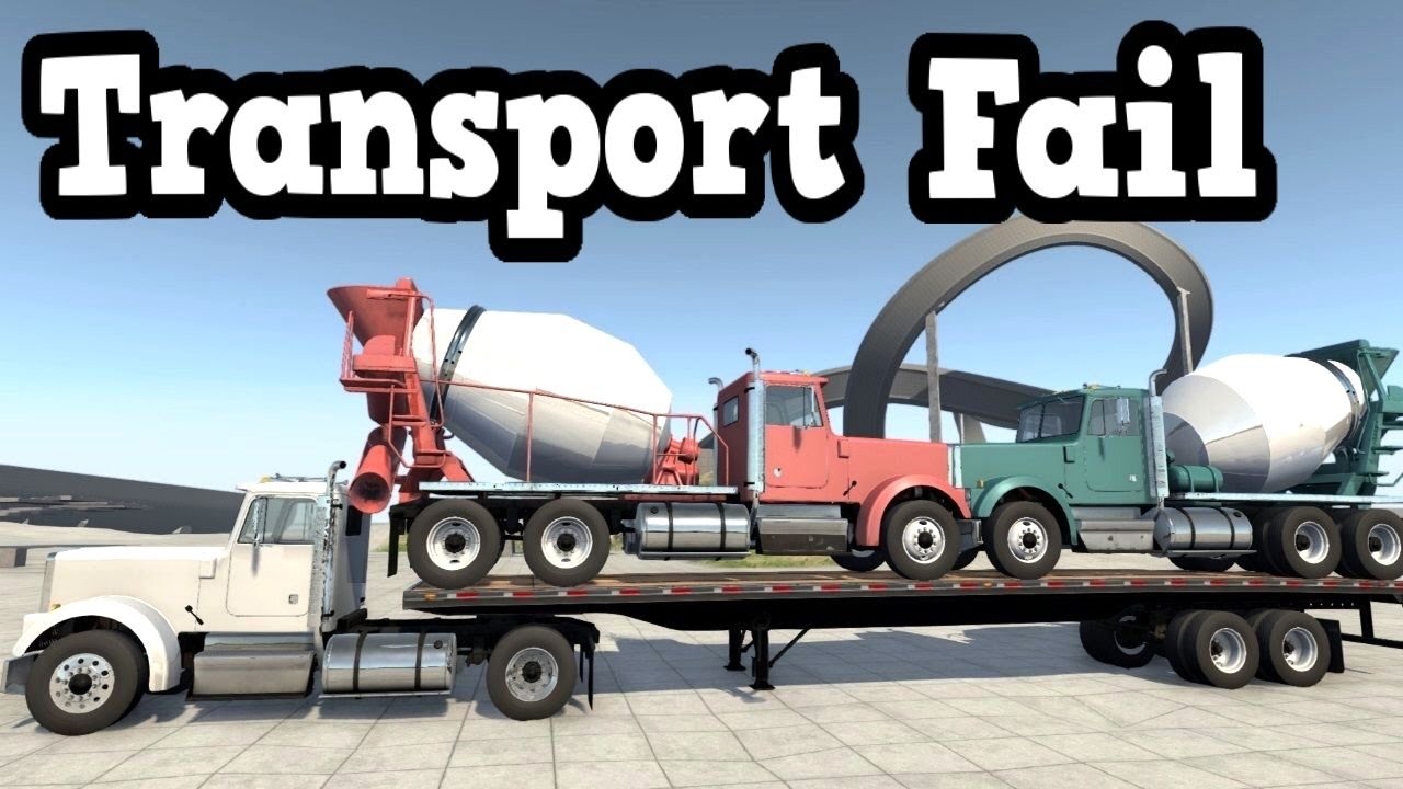 BeamNG Drive - 2 Concrete Trucks On a Flatbed Trailer Transport Fail