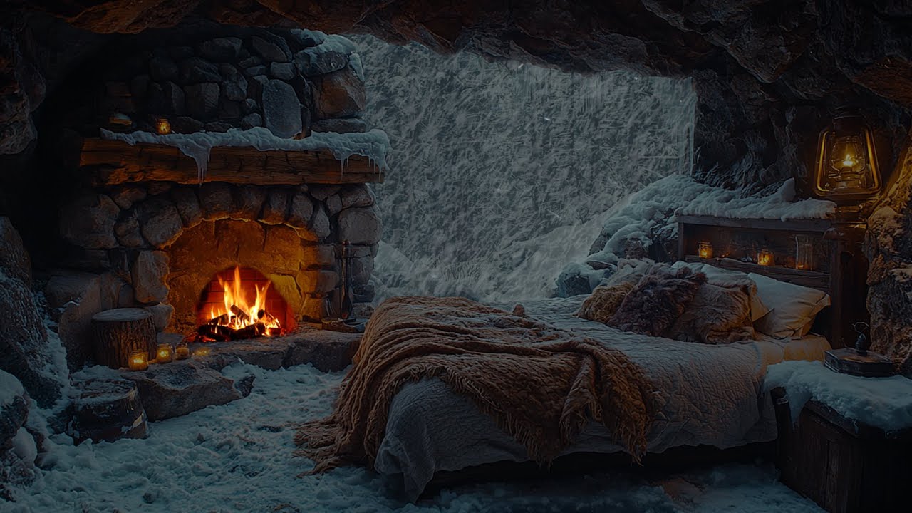 Wind and Crackling Fireplace in Cozy Winter Cave❄️Great Space for Deep Sleep, Rest & Stress Relief