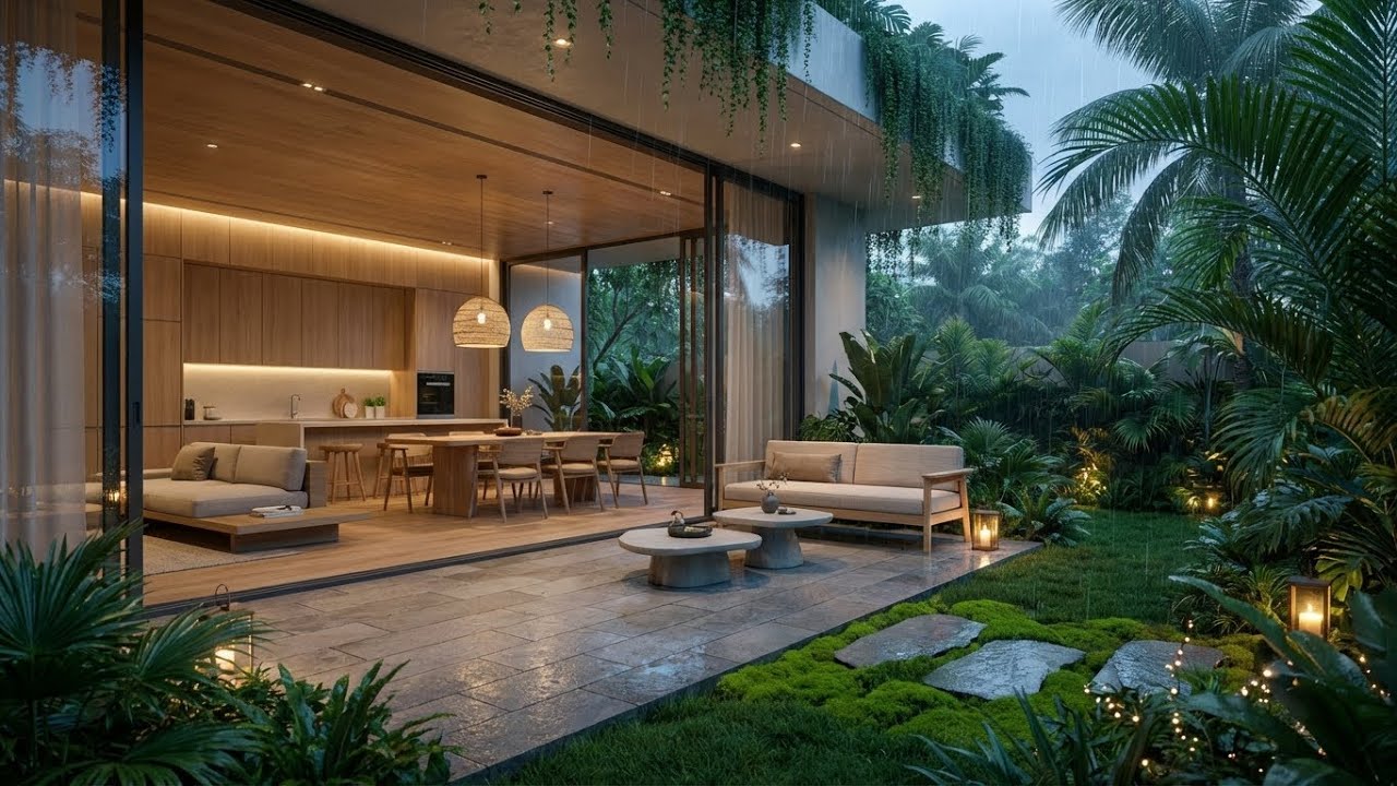 [Soul Healing] Soft Rain & Felt Piano in Modern Tropical Kitchen for Healing Emotions 🎹