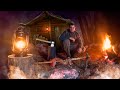 Rabbit on a spit, Log cabin living off grid, Shelter in forest, Bushcraft solo